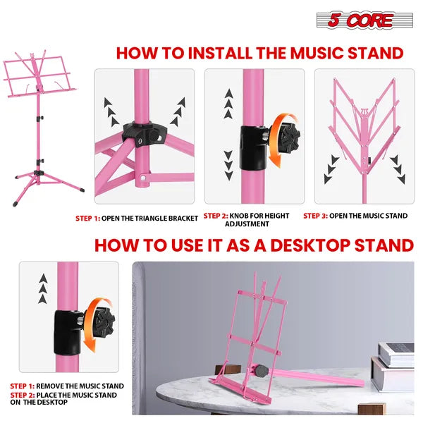 5 Core Music Stand Adjustable Desktop Book Stands Portable Sheet Holder All Metal Foldable Bookstand - MUS FLD PNK