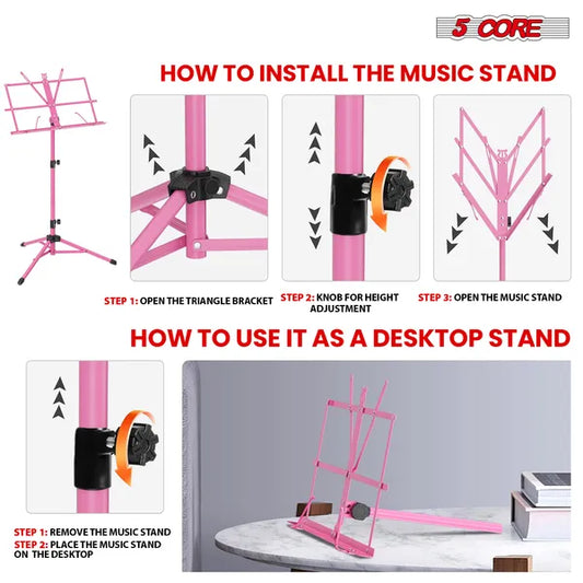 5 Core Music Stand Adjustable Desktop Book Stands Portable Sheet Holder All Metal Foldable Bookstand - MUS FLD PNK