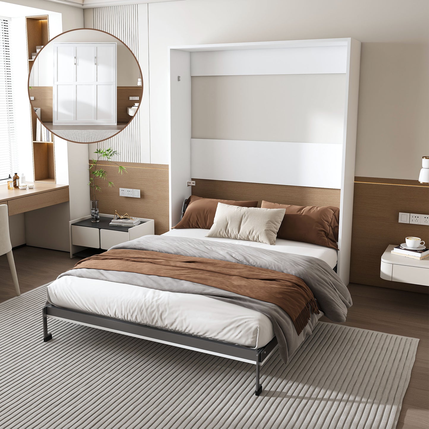 Queen Murphy Bed  65-inch Foldable Wall Bed  With Metal Bed Frame  Solid Wood Support Slats  Concealed Bed Frame  Suitable For Bedrooms And Guest Rooms  White  Old