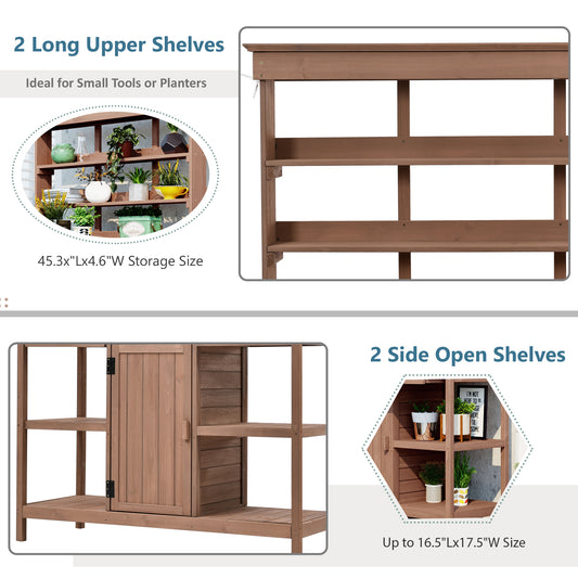 TOPMAx 66  Large Outdoor Farmhouse Wooden Potting Bench Table  Garden Workstation With 2 Drawers  Cabinet And Open Shelves For Backyard  Mudroom  Brown