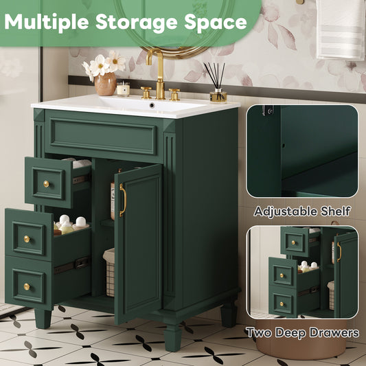 24   Bathroom Vanity With Ceramic Sink, Small Bathroom Sink Cabinet, Modern Cabinet With 2 Drawers And Adjustable Shelf
