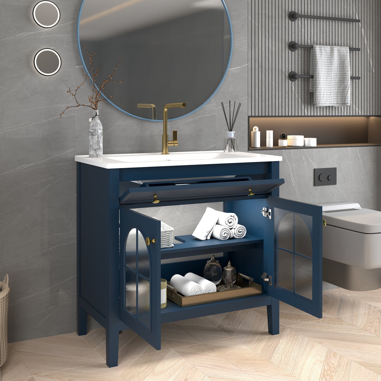 35.6  Mid-Century Bathroom Vanity Sink With Patterned Glass & Motion-sensor Light Strip, Farmhouse Freestanding Bathroom Vanity Sink With Storage, High-end Restroom Vanity Cabinet,Blue