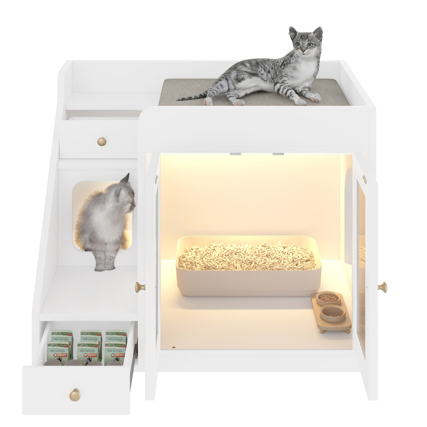 GO Cat Litter Box Enclosure With  Light , Hidden Litter Box Furniture With 2 Storage Drawers, Indoor Cat House Side Table For Living Room, White