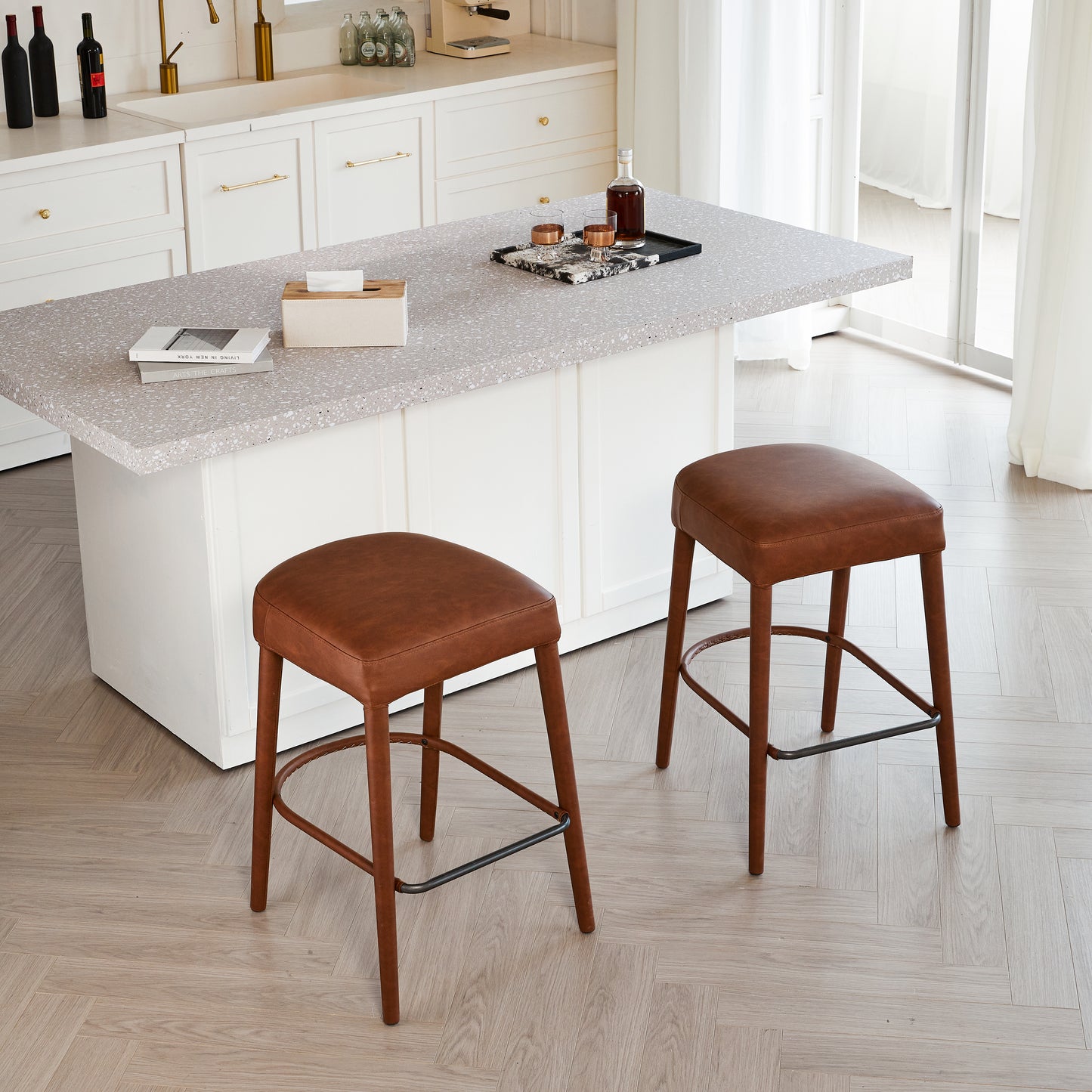 Counter Height Backless Brown Faux Leather Bar Stool  Comfortable Padded Seat With Sturdy Metal Legs & Footrest  Stylish Seating For Kitchen Island  Pub & Dining Counter 2 Sets