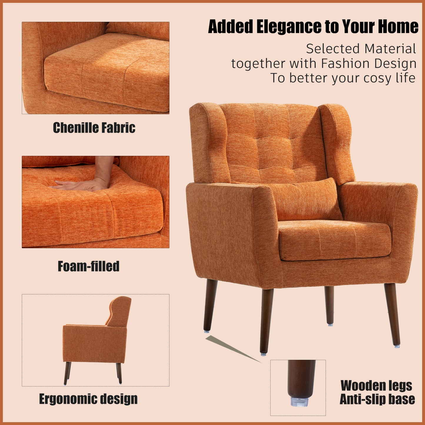 Modern Accent Chair,Chenille Arm Chairs For Living Room,Upholstered Mordern Armchair,Comfy Soft Padded Lounge Chair In Small Space, Bedroom, W-Pillow, Solid Wood Leg Orange