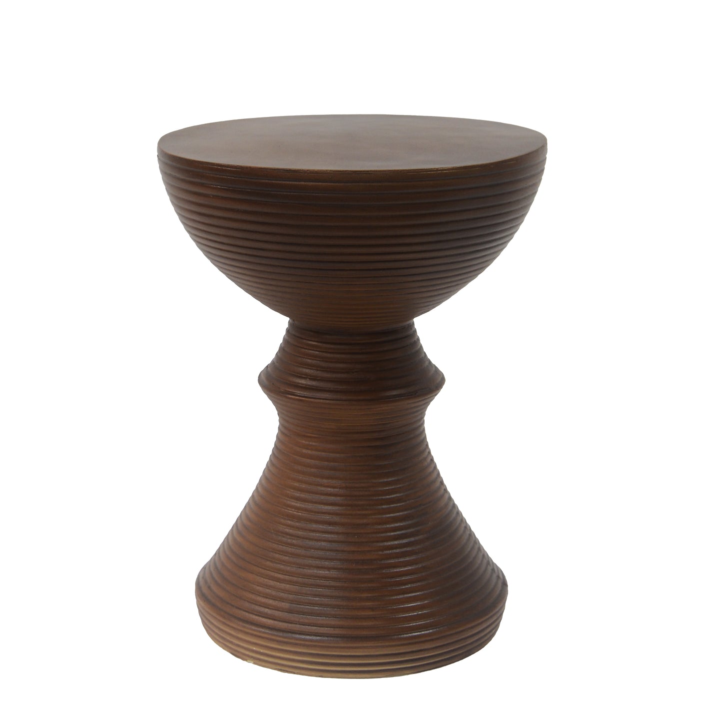 16  Ribbed Brown Concrete Outdoor Side Table With Hourglass Design -Weather-Resistant Accent For Patio, Garden, Or Balcony