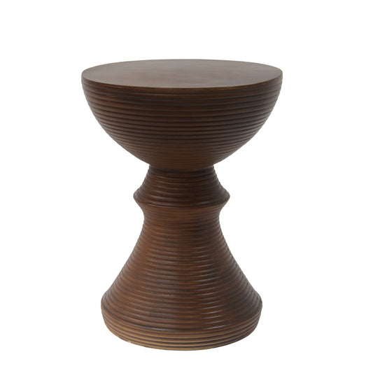 16  Ribbed Brown Concrete Outdoor Side Table With Hourglass Design -Weather-Resistant Accent For Patio, Garden, Or Balcony