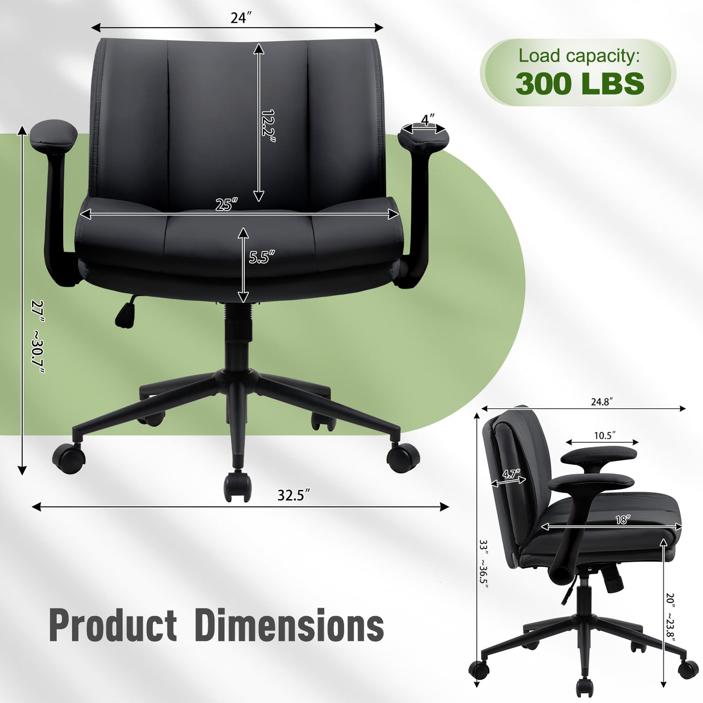 With Flip-Up Armrests Leather, Cross Legged Office Chair On Wheels, Comfy Swivel Chair With Wide Seat For Home Office, Vanity,  Ergonomic Desk Chair Adjustable, Black