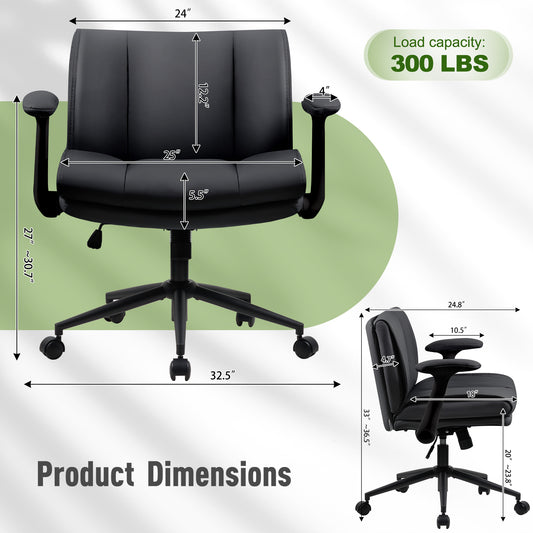 With Flip-Up Armrests Leather, Cross Legged Office Chair On Wheels, Comfy Swivel Chair With Wide Seat For Home Office, Vanity,  Ergonomic Desk Chair Adjustable, Black