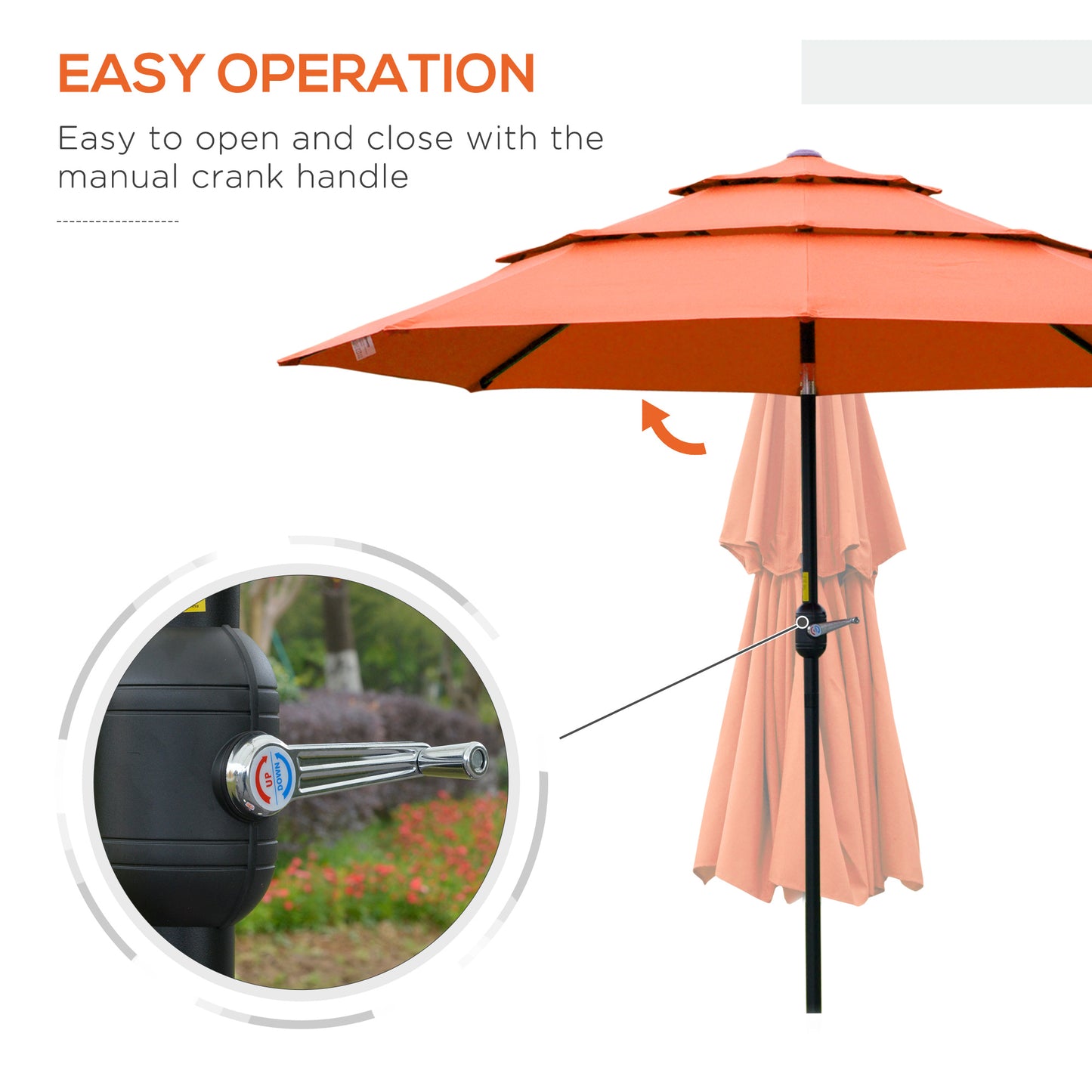 9FT 3 Tiers Patio Umbrella Outdoor Market Umbrella With Crank, Push Button Tilt For Deck, Backyard And Lawn, Orange