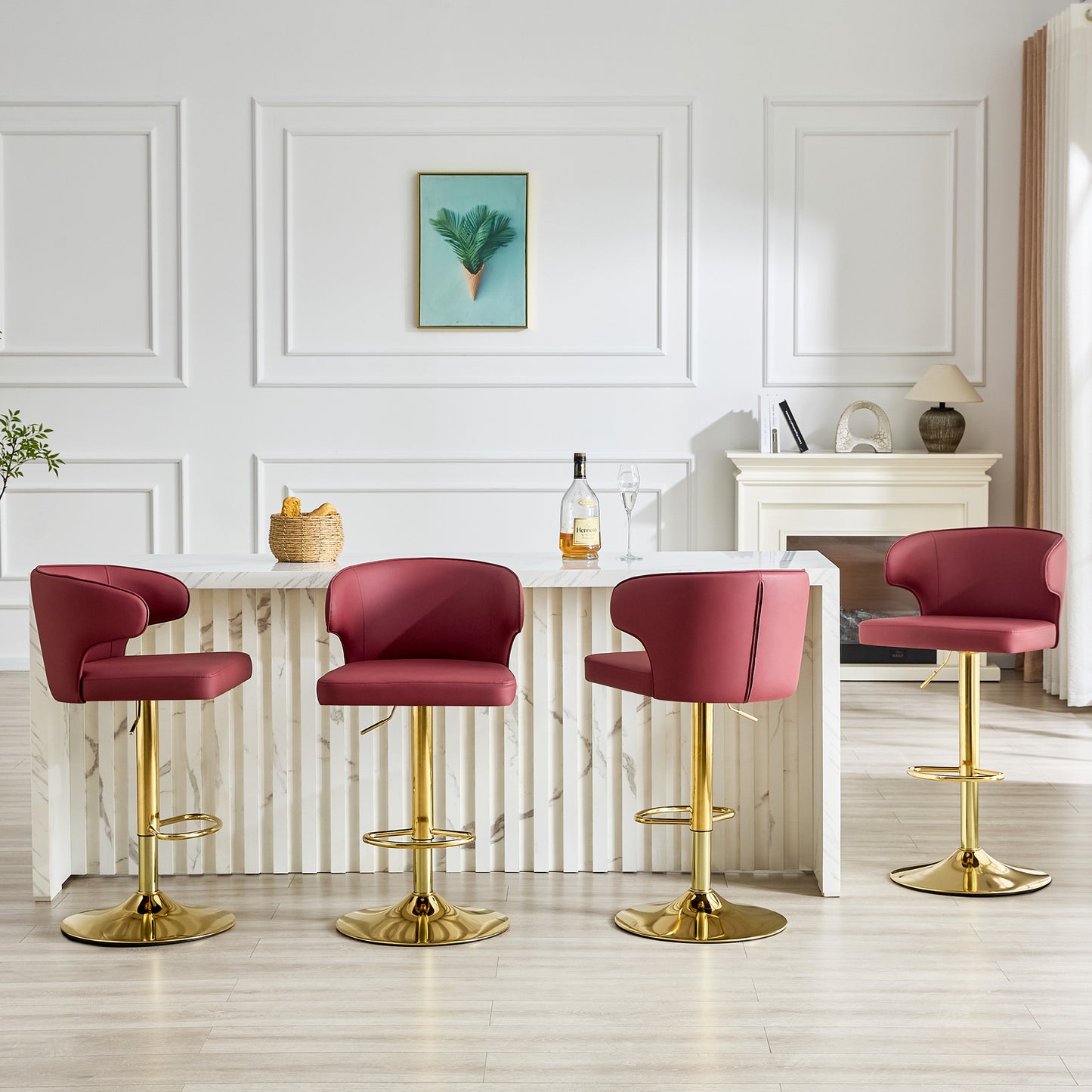 Modern Rotating Adjustable Bar Chair, PU Leather Belt Backrest Swivel Chair, Suitable For Kitchen Bar Counter And Dining Room, Adjustable Height, Capable Of Bearing 300 Pounds  Red -4 Pieces