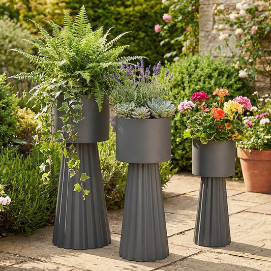 3pcs Metal Plant Pots With Stand Indoor Outdoor Tall Flower Pots 9.1in 10.6in 11.8in For Living Room Corner Kitchen Office Garden Decor Dark Gray