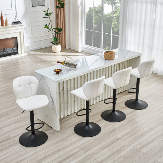 Set Of 2 Height Adjustable Bar Stools, White PU Upholstered Tufted Back Chairs With Black Metal Base & Footrest For Kitchen Island, Bar, Pub
