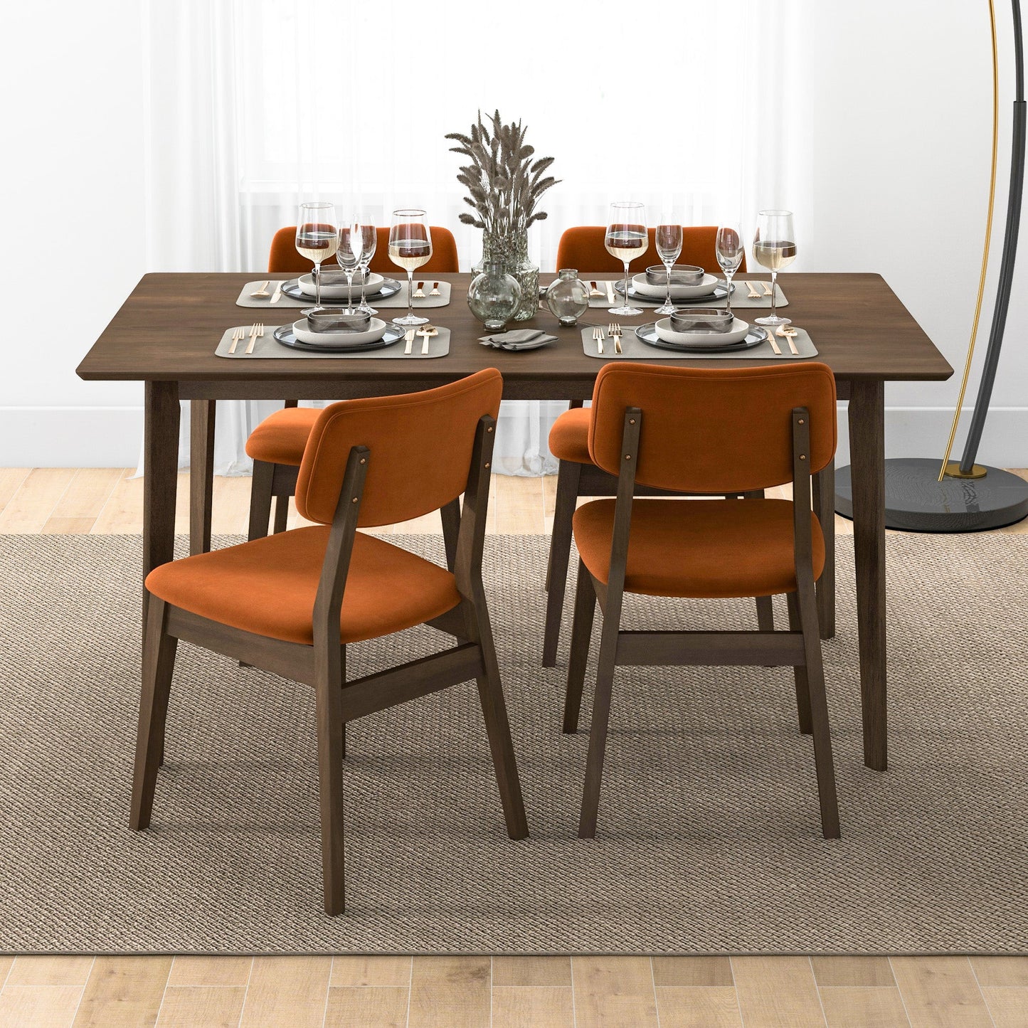 Carlos Mid-Century Modern Burnt Orange Velvet Solid Back Side Chair   Set Of 2  , Solid Wood, 32.3  H X 20.9  W X 19.3  D Fabric Upholstered Kitchen Side Chairs
