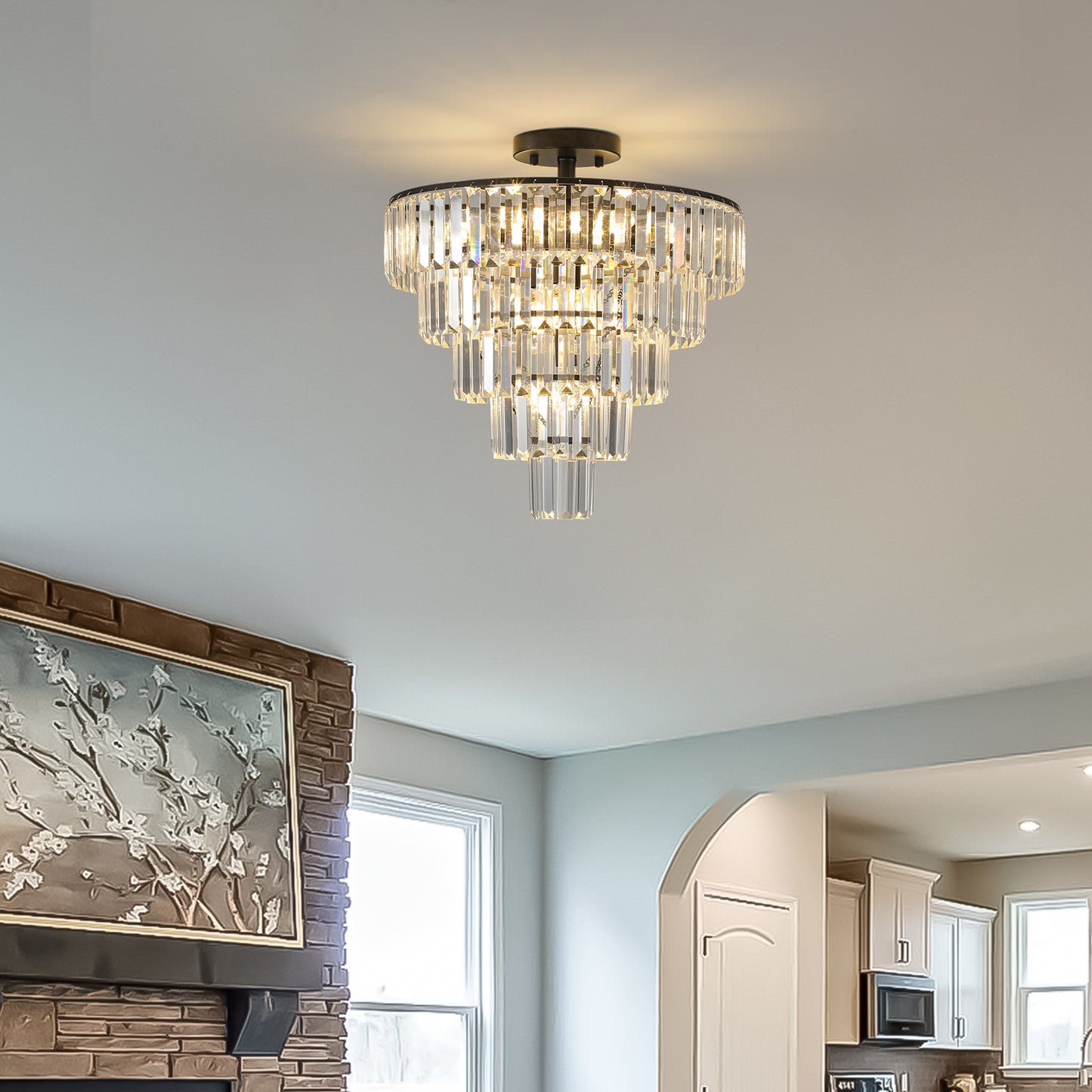 20  Black Crystal Chandelier Ceiling Light, Modern Luxury 10-Light Flush Mount Light Fixture, Elegant Home Lighting For Living Room, Dining Room, Bedroom  No Bulbs