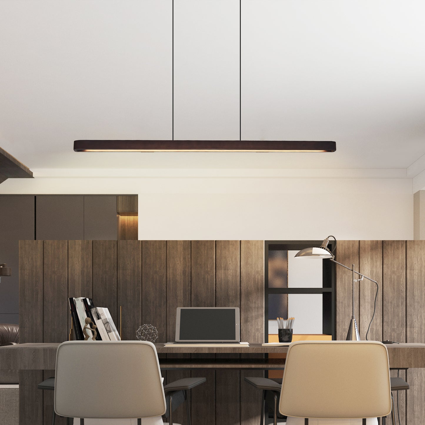 51-inch Walnut Wood Modern LED Pendant Light, Adjustable Hanging Light For Dining Room, Kitchen, Living Room  Sleek Walnut Color Finish