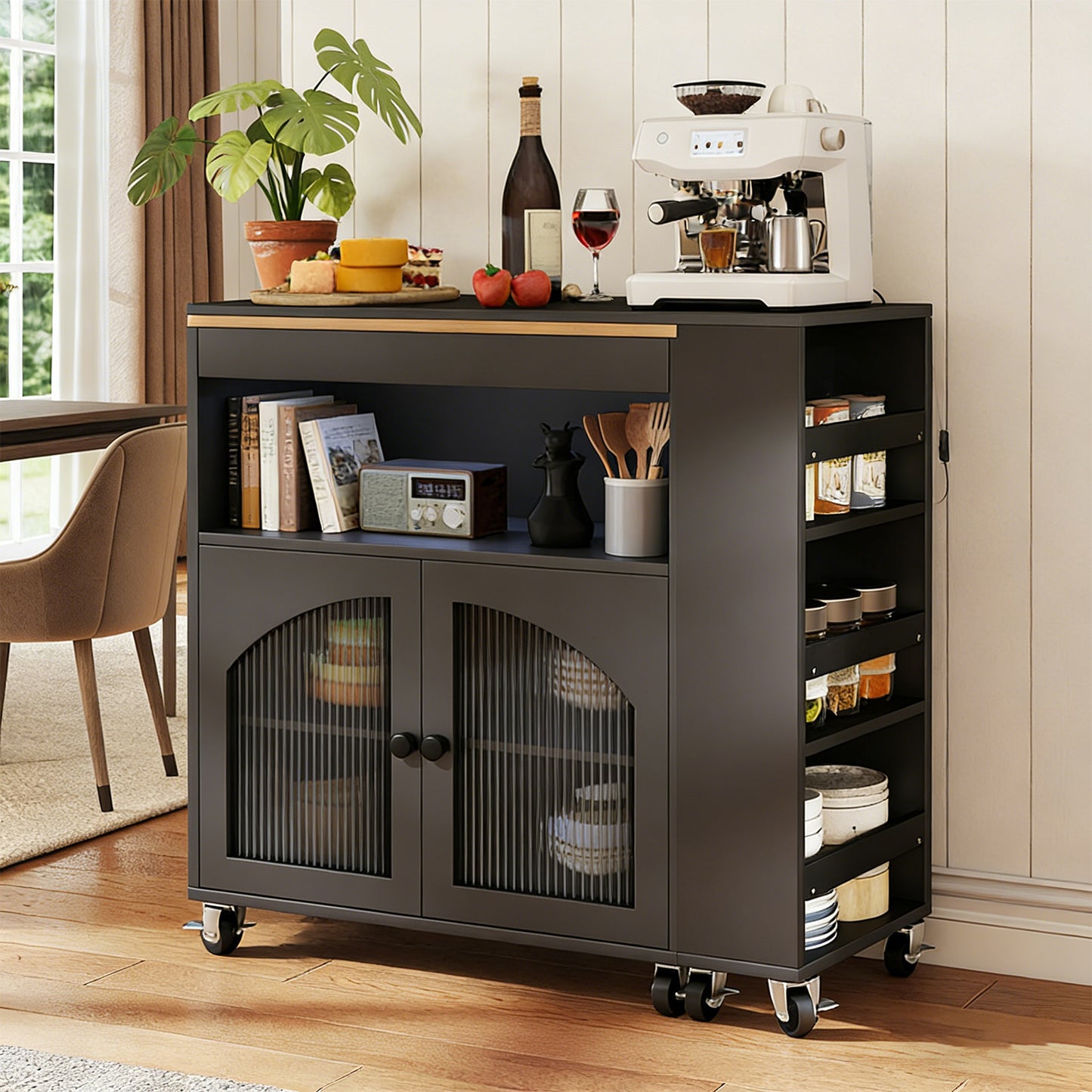 Kitchen Island On Wheels With Extended Table MDF Rolling Kitchen Storage Cart With LED Light Power Outlets 2 Fluted Glass Doors Side 3 Open Shelves Black US Plug