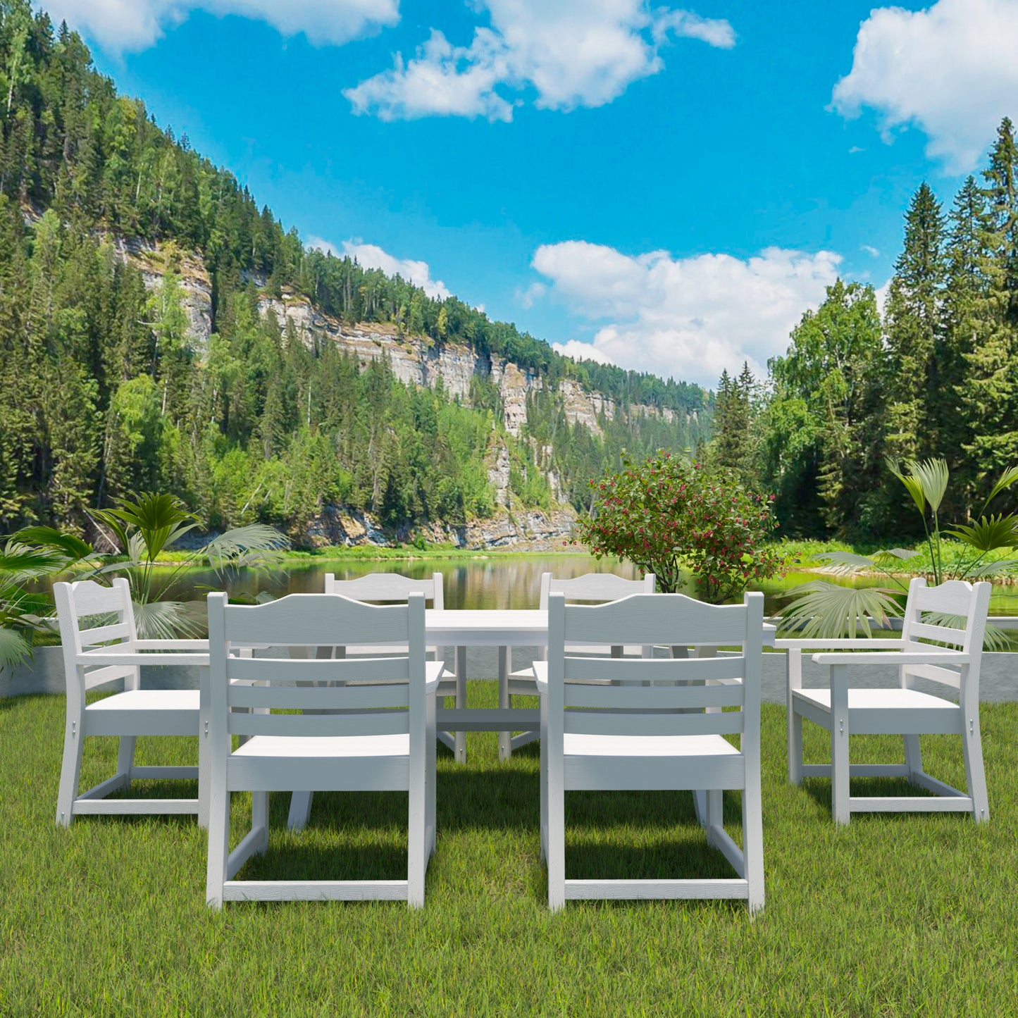Patio Dining Chair With Armset Set Of 2, Pure White With Wood Grain Wexture,HIPS Material