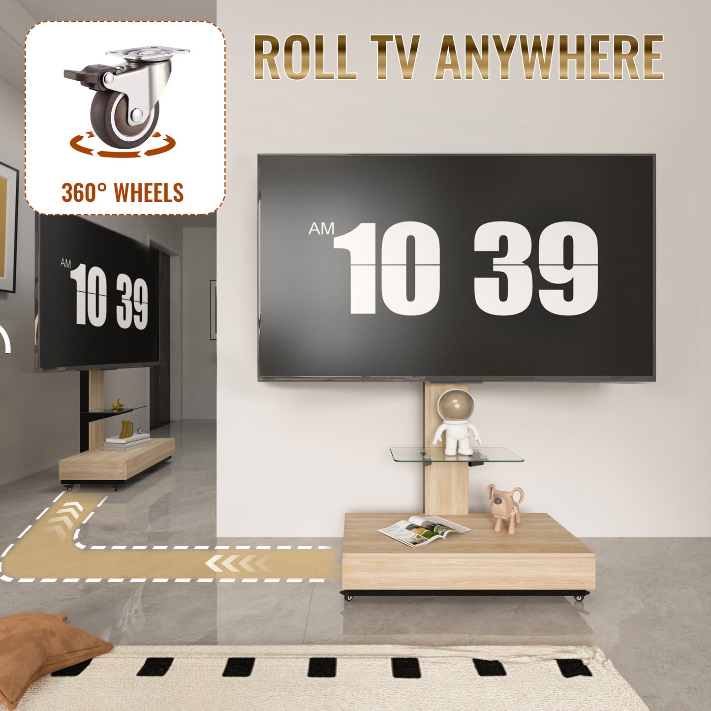 TV Stand With Push-pull Drawer For Living Room, Bedroom,Offices,Adjustable Height Mobile TV Cart For 32-75 Inches,Wood &glass TV Stand With Wheels,Natural