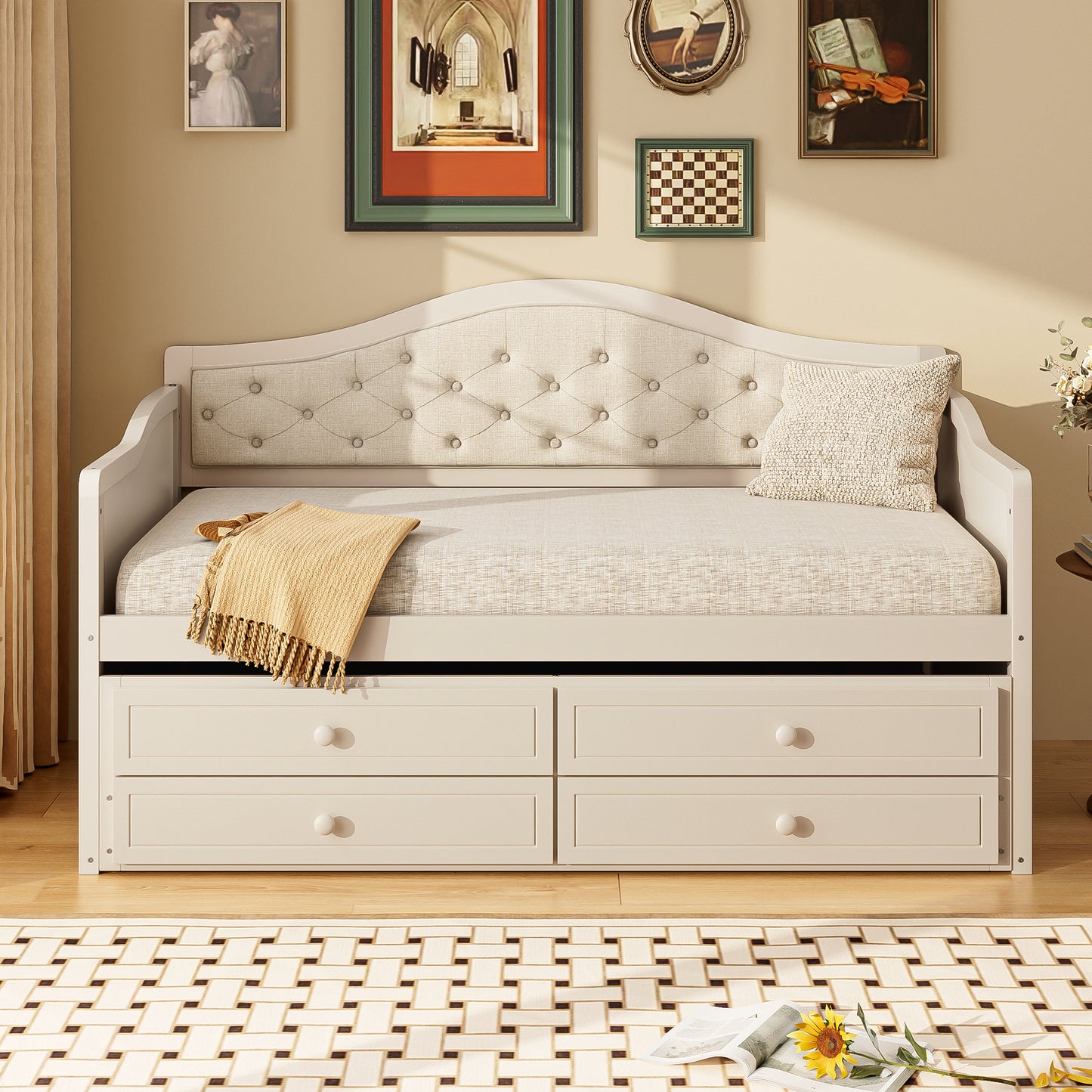 Twin Daybed With Trundle, Twin Size Daybed With 2 Storage Drawers, Wooden Sofa Bed With Upholstered Button Tufted Backrest For Living Room, Bedroom, Guest Room,Beige