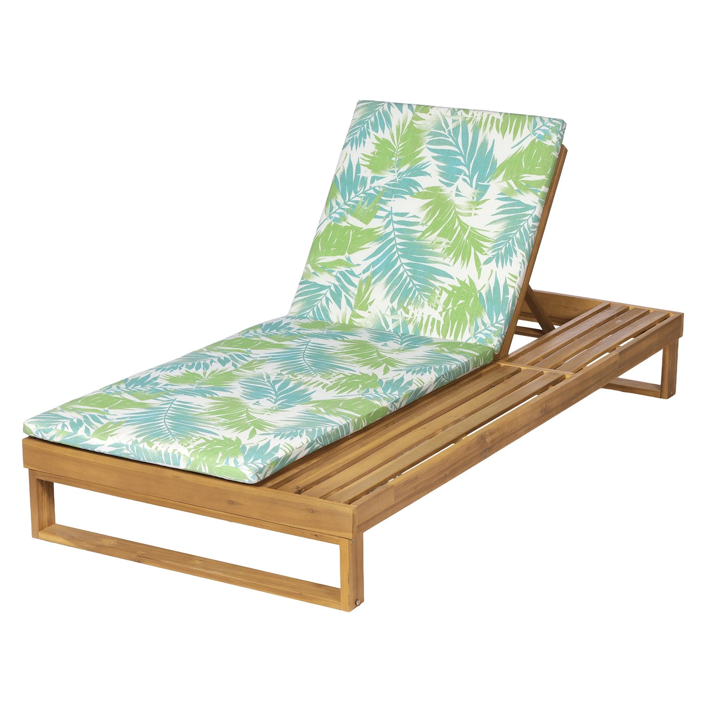 Teak Finish Acacia Wood Chaise Lounge With 1.57-Inch Leaf Coconut 2-Fold Cushion Set, 4-Position Adjustable With Flat Side Surface, For Poolside - Matching Cream,dark Gray Version Available