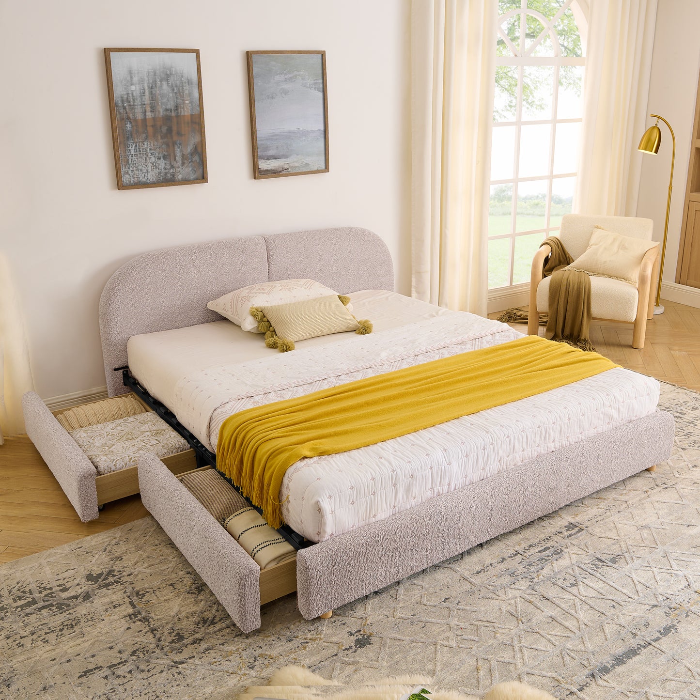 Queen Size Upholstered Bed Frame Modern Minimalist Style - Circle Yarn Fabric, Tall Curved Headboard, Sturdy Leg Support & Wheeled Drawer Storage, Mattress Not Included -Pink