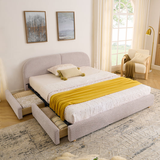 Queen Size Upholstered Bed Frame Modern Minimalist Style - Circle Yarn Fabric, Tall Curved Headboard, Sturdy Leg Support & Wheeled Drawer Storage, Mattress Not Included -Pink