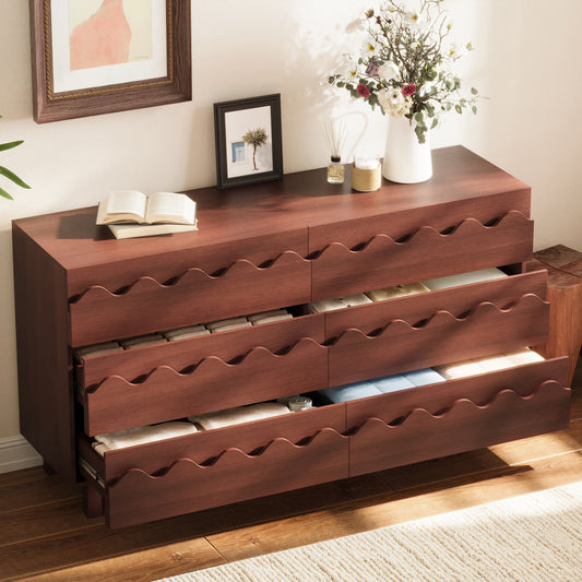 60   Length 6 Drawer Dresser With Wave Front Design, Modern TV Stand & Chest Of Drawers, Anti-Tip Clothes Storage Organizer For Bedroom, Living Room And Nursery, Walnut