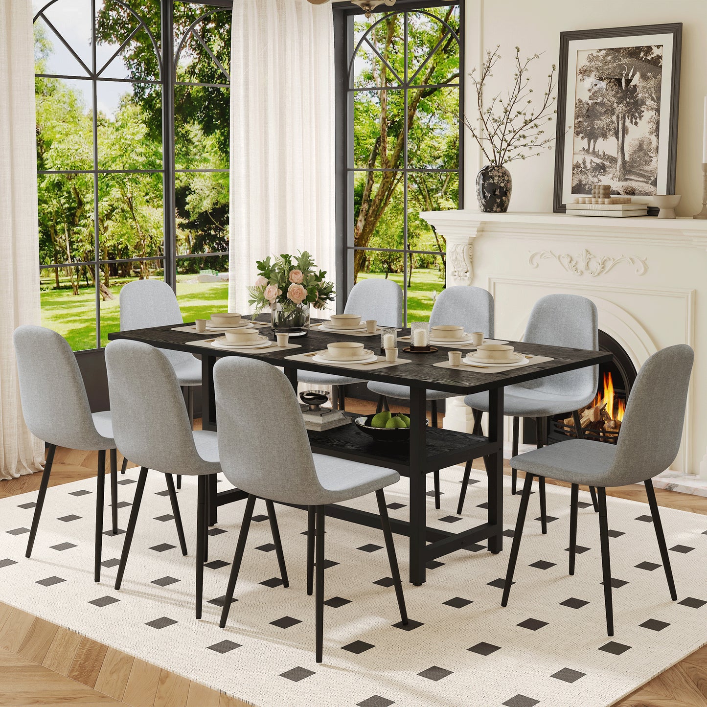 Table And Chair Set.71x35.4 Inch Black Grain Spliced Dining Table With Storage Function In The Middle Of The Table Legs.Paired With 8 Light Gray Linen-Cotton Material High Resilience Dining Chairs.