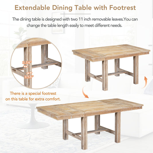 TOPMAx Farmhouse 82inch 6- Piece Extendable Dining Table With Footrest  4 Upholstered Dining Chairs And Dining Bench  Two 11 Removable Leaf  Natural Beige Cushion