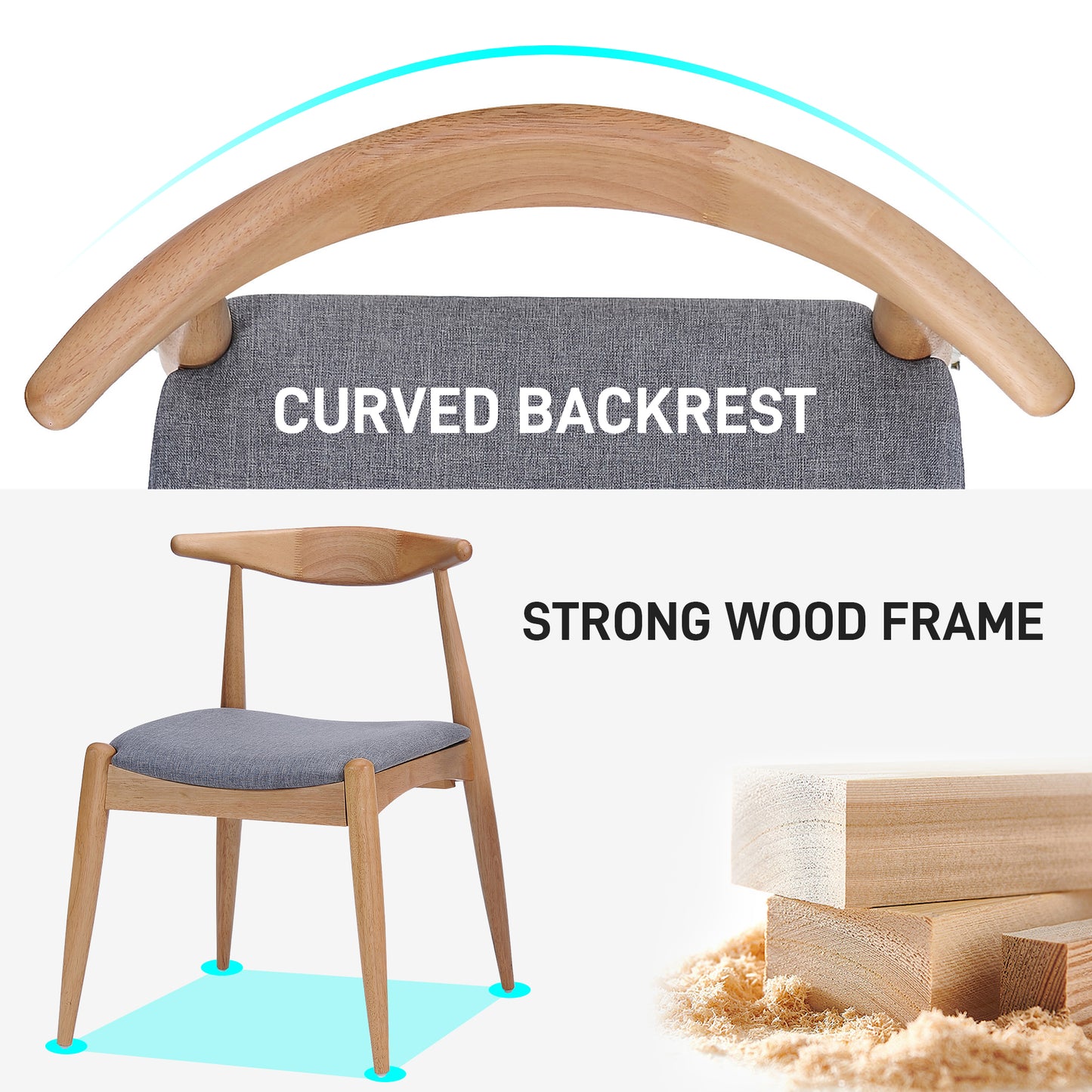 Set Of 2 Rubberwood Dining Chairs With Ergonomic Backrest & Comfort Cushions, Natural-Gray