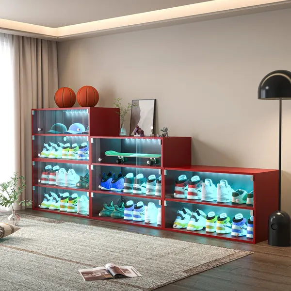 Red Glass Door Shoe Box Shoe Storage Cabinet For Sneakers With RGB Led Light - Single