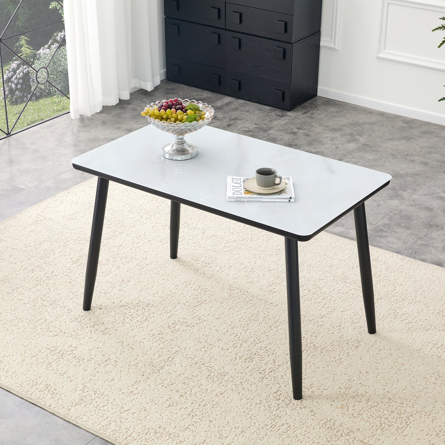 Modern Minimalist Rectangular Dining Table,suitable For 4-6 People.Tempered Glass Countertop Lower MDF Board,imitation Marble Texture,black Metal Tapered Legs.Suitable For Minimalist Restaurants