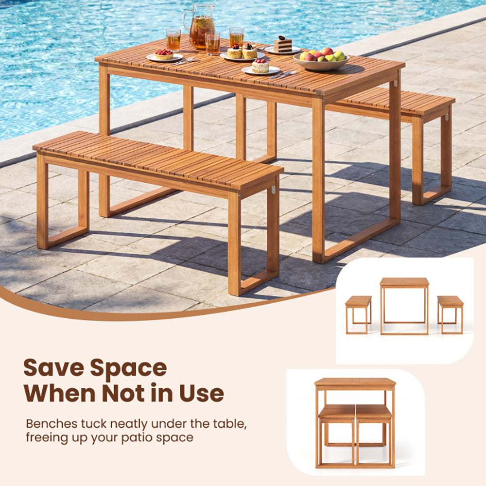 3 Pieces Acacia Wood Picnic Set With Outdoor Dining Table And 2 Benches For 4 People For Patio, Garden, Yard, Or Poolside Use