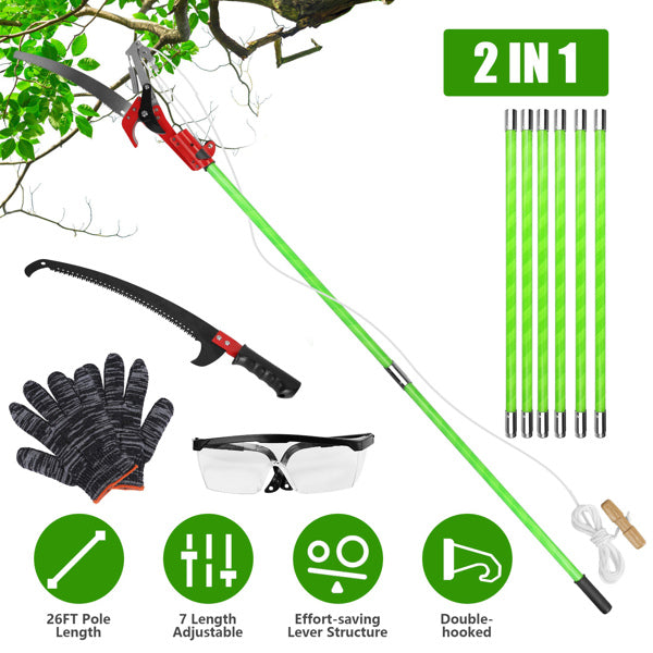 2-in-1 Manual Pole Saw 8.23-15.12FT Extendable Tree Pruner - SK5 Steel Pruner, Double-Hooked Saw Blade, Oxford Storage Bag , Goggles,Gloves For Tree Trimming