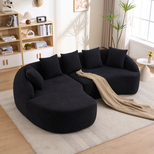New Boneless L-Shape Sectional Sofa With Curved Chaise Black Modular Chenille Compression Couch 30D High-Density Foam Minimalist Modular Couches Sleeper For Living Room Bedroom Apartment Lounge.