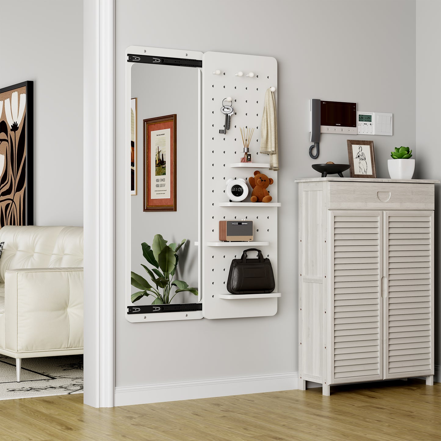 47.6 X 15.7 Inch Multi-functional Design Panel Wall-mounted Full-length Mirror, Space-saving, Can Be Pushed And Pulled. Suitable For Bedroom Living Room Entrance   White