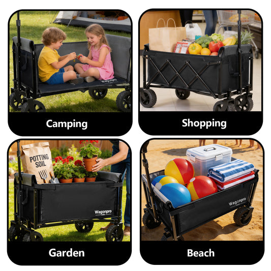 Upgraded 5x2  Wide Wheels  All- In- One Convertible Folding Trolley With Full- Side Opening & Dog Leash  Versatile Seating & Storage  220Lbs Capacity For Camping  Beach  Shopping  Black