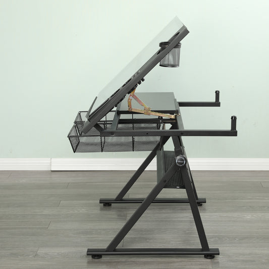 Drafting Table, 0-75 Adjustable Glass Top Artist Table  - Height Adjustable Drafting Desk With Large Storage For Painting & Crafting - Ideal For Designers And Art Students Black