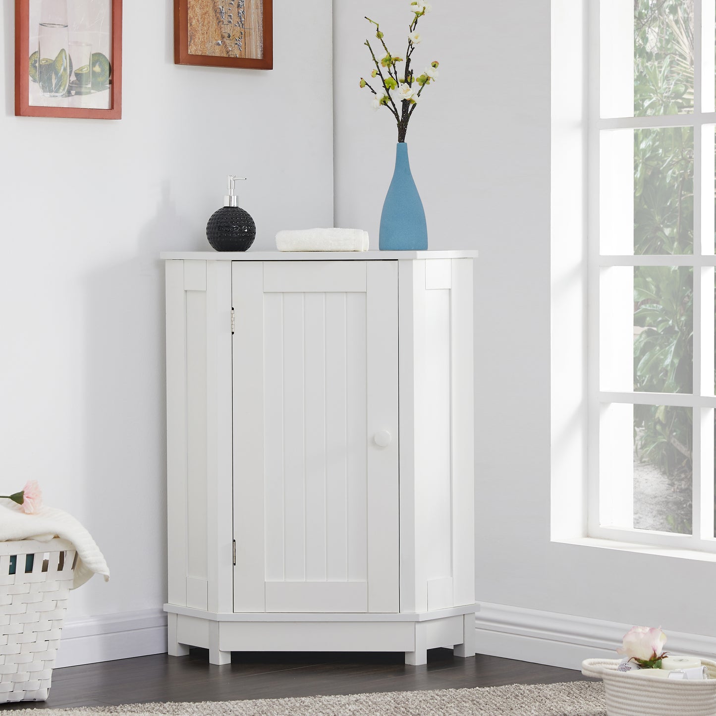 White Bathroom Cabinet Triangle Corner Storage Cabinet With Adjustable Shelf Modern Style MDF Board