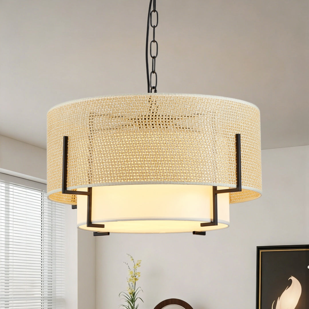 19.7in  Farmhouse Boho Chandelier,4-Light Hand Woven Rattan Pendant Light With Fabric Shade Rustic Drum Chandelier For Dining Room Kitchen Bedroom Foyer Entryway Living Room Bulb Is Not Including