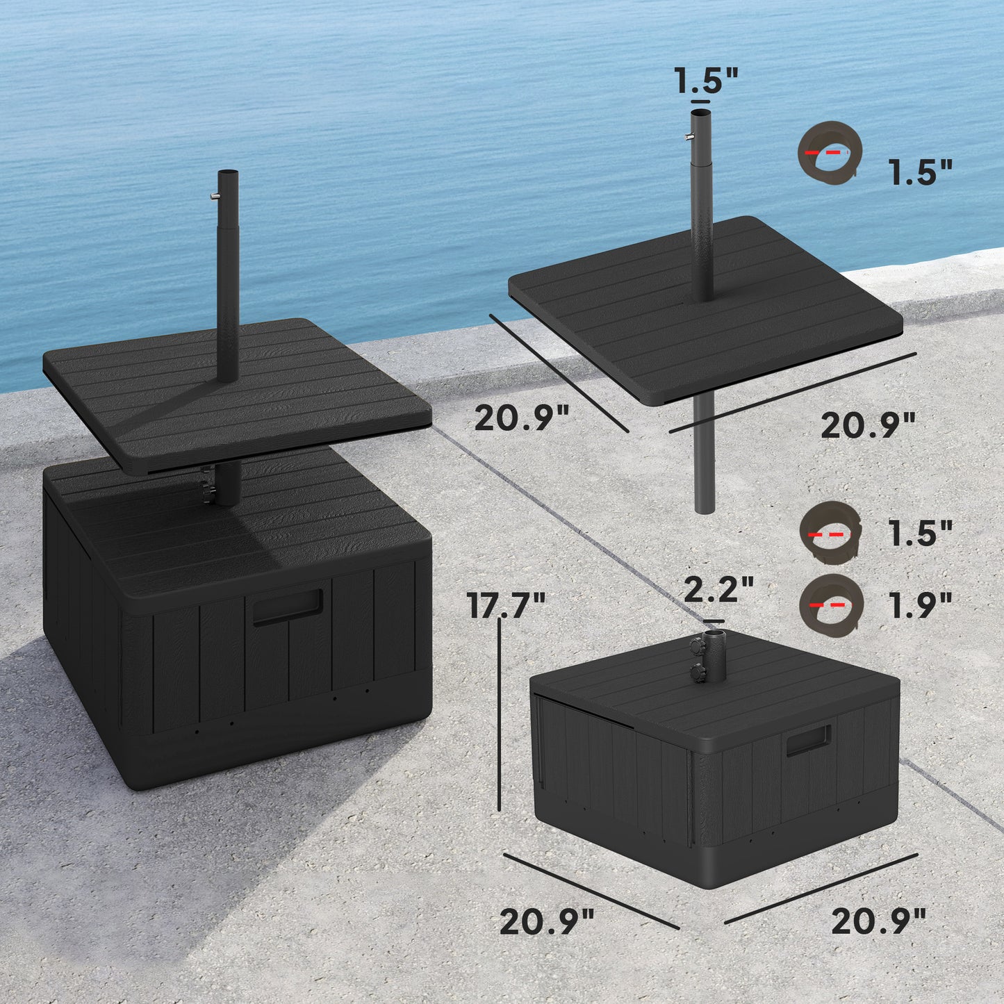 3-in-1 Outdoor Umbrella Base With Table Tray, Coffee End Table, Planter Box With Drain Hole, 175 Lbs. Capacity Heavy Duty Fillable Patio Umbrella Stand Table With Wheels And Handles, Black