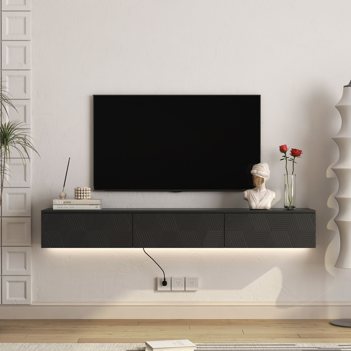 Floating TV Stand Wall Mounted With 16 Color LEDs,67  Modern TV Stand, Floating TV Cabinet Entertainment Center For 55 60 65 Inch TV,Black
