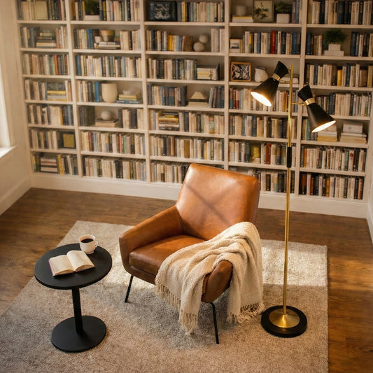 Axis Brassed Gold Floor Lamp With 4-Way  Double Spots With Metal Base