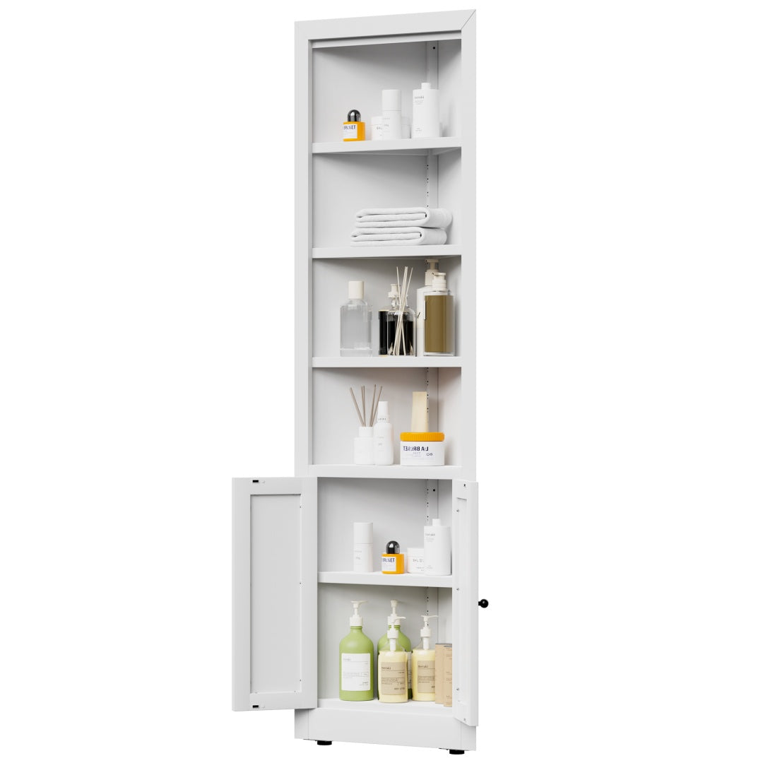 71in Tall Corner Storage Cabinet With 2 Doors, 5-Tier Metal Cabinet With Adjustable Shelves, Freestanding Kitchen Storage For Pantry, Living Room, Bathroom, Laundry Room, Space Saving Furniture, White