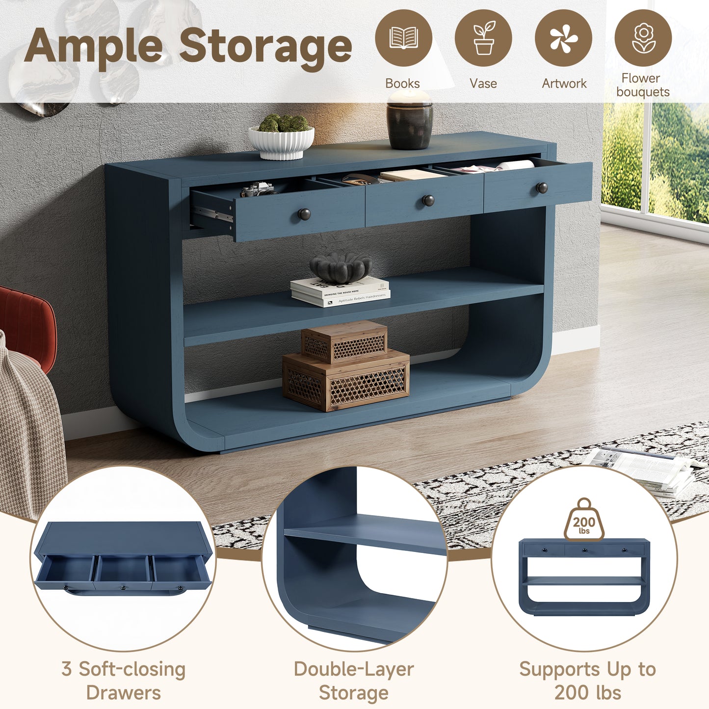 Video  Modern Curved Console Table With 3 Soft-Close Drawers & 2 Open Shelves, Solid Wood Base, Entryway Table For Living Room Hallway Study, Blue