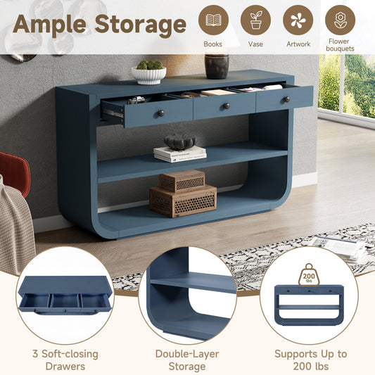 Video  Modern Curved Console Table With 3 Soft-Close Drawers & 2 Open Shelves, Solid Wood Base, Entryway Table For Living Room Hallway Study, Blue