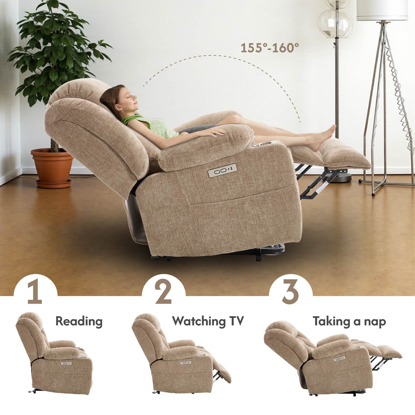 Power Lift Recliner Chair With Massage & Heat, Single Motor Lift Chair, Chenille Fabric Upholstery, USB Type-C, Cup Holders, Side Pockets, Light Brown