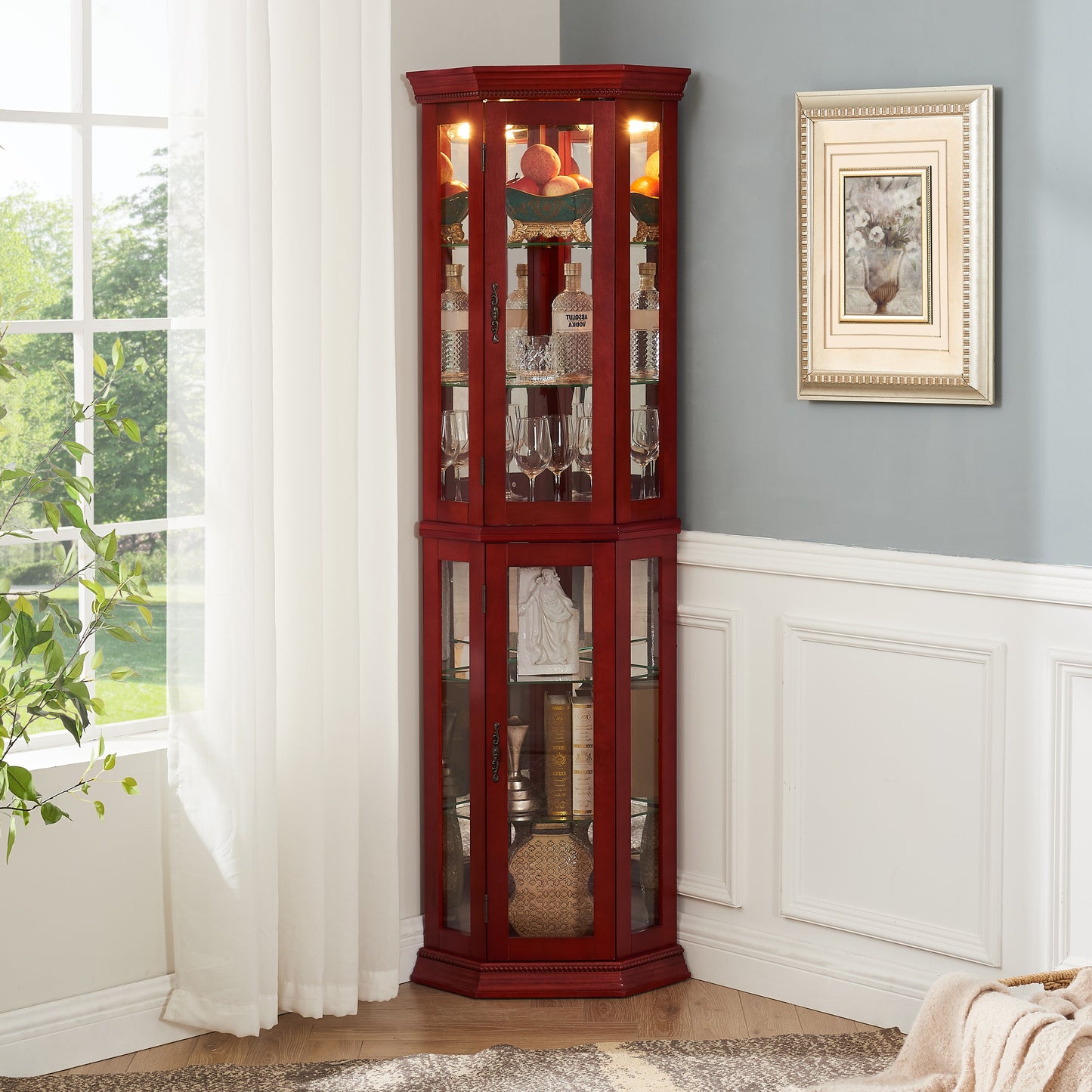 Corner Curio Cabinet Lighted Corner Display, Glass Display Shelf Shelving Bar Cabinet With Tempered Glass Door, Bar Cabinet,Cabinet With Adjustable Shelf Glass Cabinet Shelves Bead Bulb Included