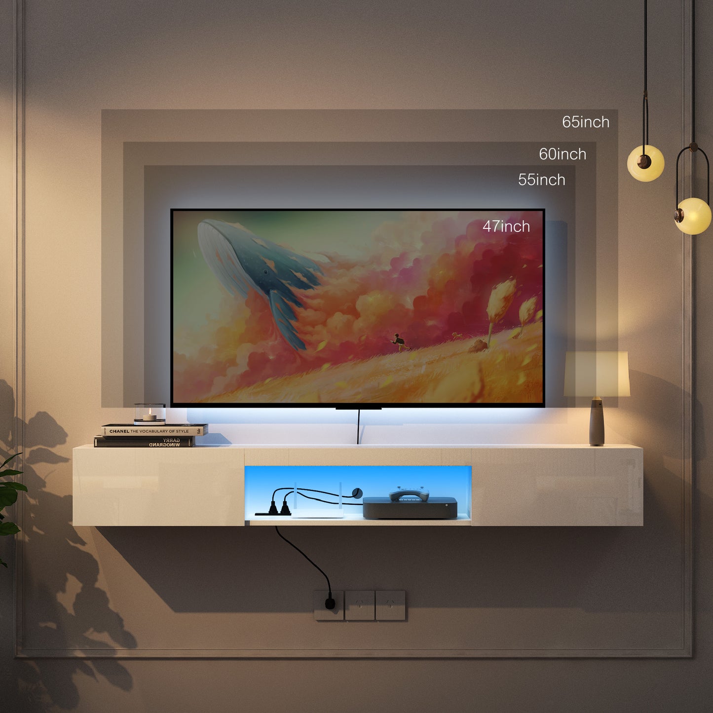 Floating TV Stand Wall Mounted With 16 Color LEDs,63  Modern TV Stand,Floating TV Cabinet Entertainment Center For 55 60 65 Inch TV,White